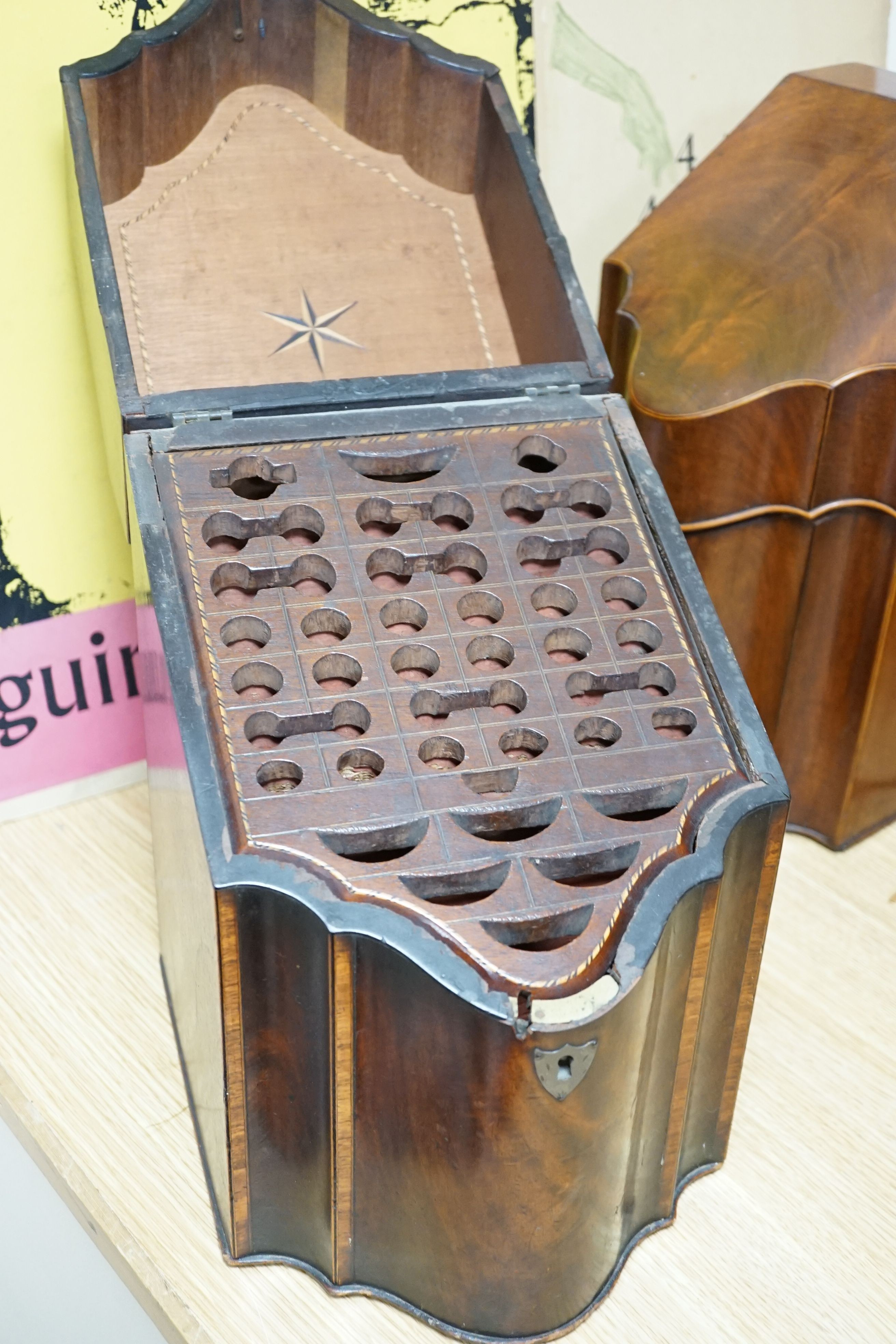 Two George III line inlaid mahogany knife boxes - one converted to a cellarette